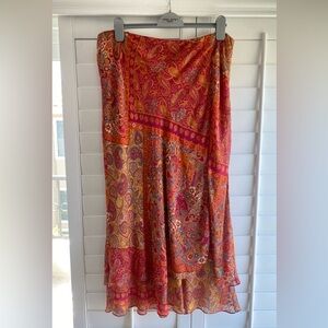 Dana Buchman 100% Silk Paisley Patchwork Midi Skirt Size 14 Boho